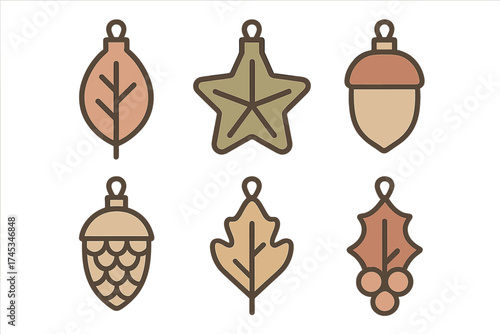 Six hanging nature icons representing autumn and winter seasonal elements