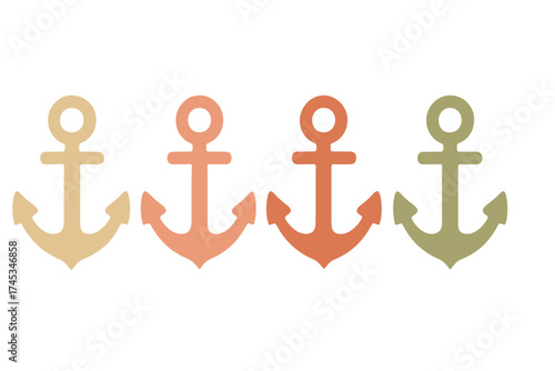 Four stylized nautical anchors in muted earth tone colors