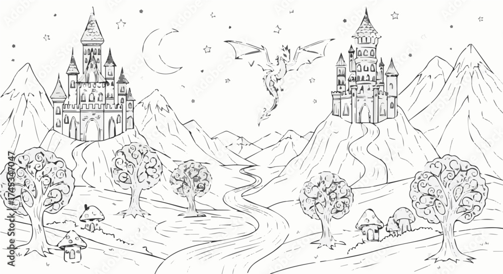 Naklejka premium Fantasy landscape with castles, mountains, dragon, moon and trees for coloring book