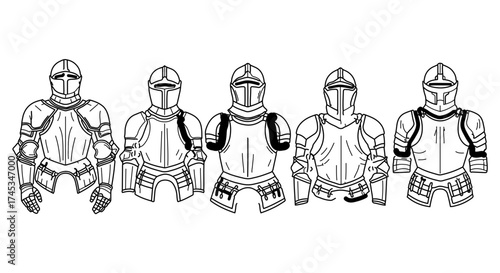 Collection of medieval knight armor, showcasing different styles and designs in line art