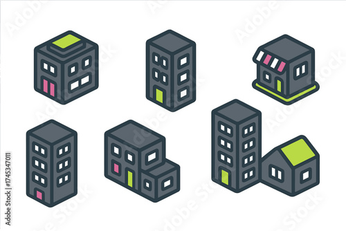 Set of six isometric icons depicting urban architecture, residential buildings, and commercial property