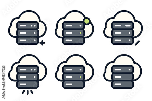 Set of six stylized icons representing cloud storage and server rack technology