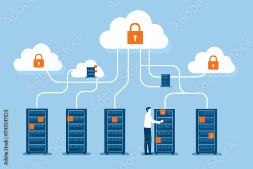 Secure cloud computing network with data servers and locked cloud storage icons