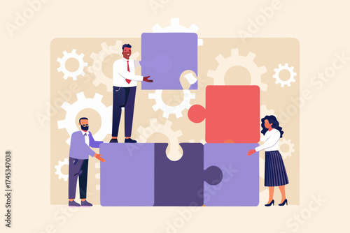 Diverse team of professionals collaborating to solve a complex problem using puzzle pieces and gears