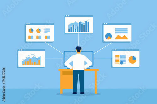 Business analyst reviewing multiple data dashboards and charts on computer screens
