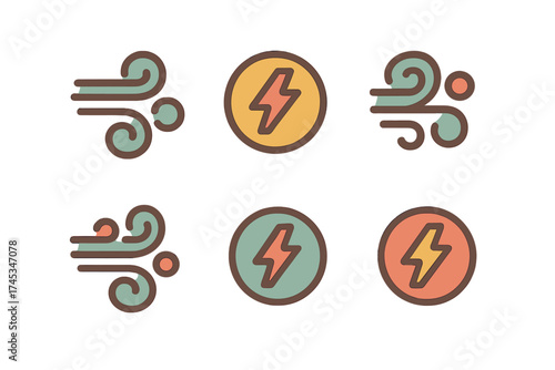 Retro style weather and energy symbols featuring wind gusts and lightning bolts in circles