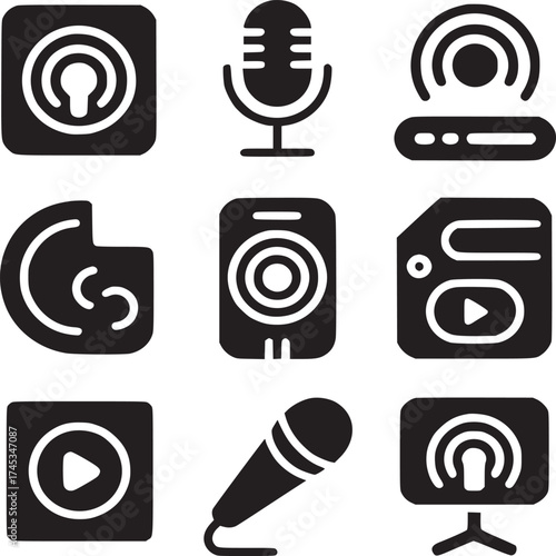 Collection of black podcasting and audio related icons in a square grid arrangement style design
