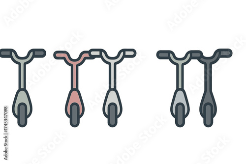 Five different stylized icons showing the front view of modern electric kick scooters with handlebars and wheels