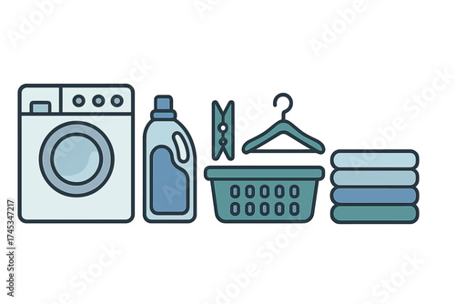 Set of household laundry appliances and cleaning supplies including washing machine and detergent