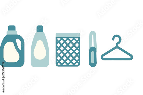 Set of household laundry cleaning supplies including detergent, basket, and hanger