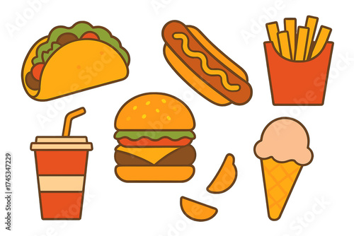 Classic American fast food icons set including hamburger, french fries, hot dog, taco, soda, and ice cream cone
