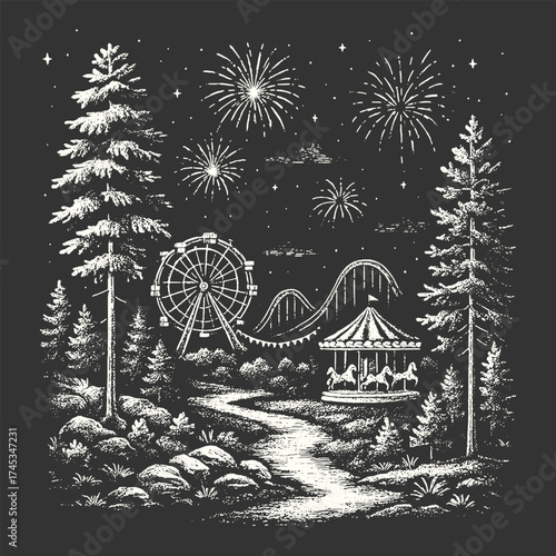 Night amusement park with fireworks, ferris wheel, and roller coaster in vintage engraving style.
