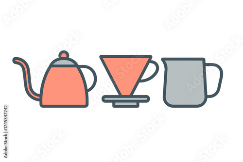 Modern flat icon style set of manual coffee brewing tools and accessories