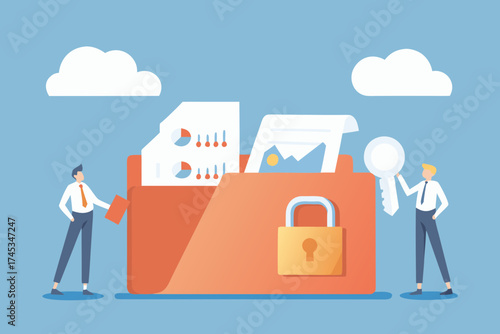 Businessmen securing important documents in a locked folder with a key and cloud storage concept