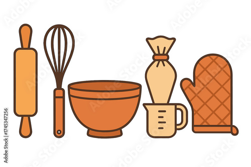 Essential kitchen utensils for baking including rolling pin whisk mixing bowl and oven mitt