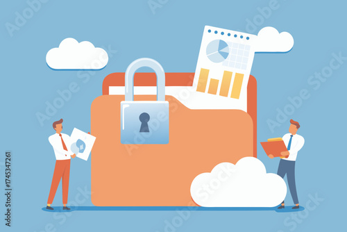 Businessmen securing digital data with a locked folder and cloud storage concept