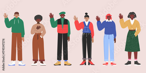 Diverse group of people waving hello in a friendly greeting illustration