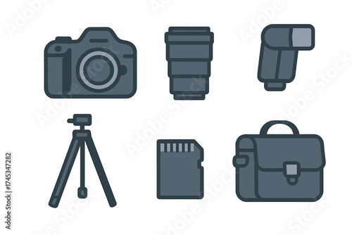 Essential professional photography equipment icons set including camera lens flash tripod