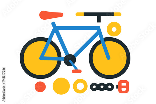 Colorful bicycle and essential mechanical components in flat style