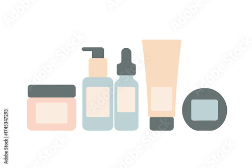 Minimalist set of cosmetic product containers for skincare routine packaging