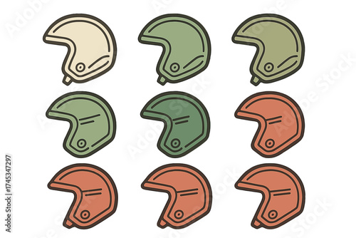 Seamless repeating pattern of classic full-face safety helmets in a retro color palette