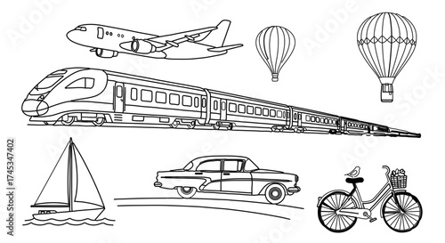 Various means of transportation, including plane, train, car, and bicycle