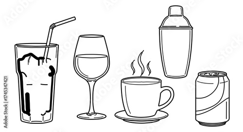 Various drinks collection of beverage in glass, cup, shaker and can for menu