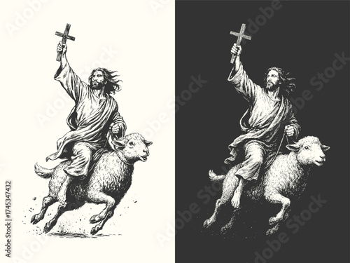 Vintage religious illustration of Jesus Christ riding a sheep while holding a cross, symbolizing divine guidance and purity.