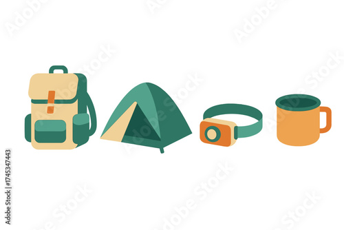 Essential camping and hiking equipment set featuring backpack tent headlamp and mug