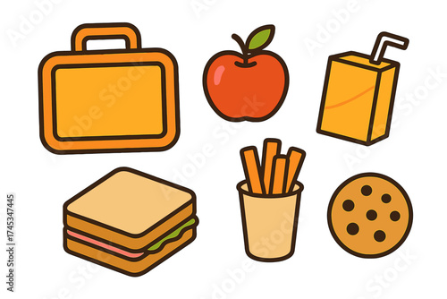 School lunch items set including lunch box, sandwich, apple, juice, and snacks