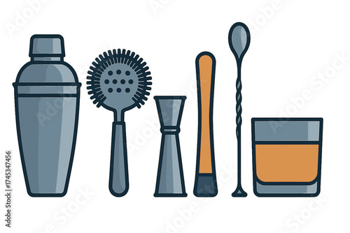Professional bar tools set including cocktail shaker strainer jigger muddler and mixing glass