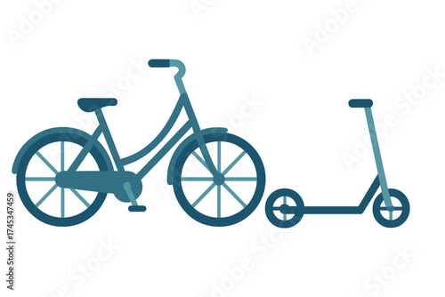 Classic bicycle and modern kick scooter representing eco-friendly urban transportation