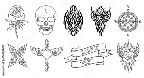 Collection of tattoo designs in black and white, including rose, skull, and compass