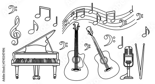 Musical instruments and notes sketch, including piano, guitar, microphone, and drumsticks