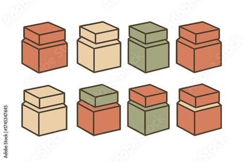 Set of eight isometric storage jars and containers with lids in earthy colors