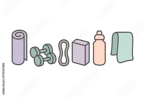Essential equipment for fitness and gym workouts including dumbbells, yoga mat, and resistance band icons