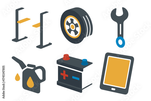 Isometric icons set of essential tools and parts for automobile repair and maintenance service