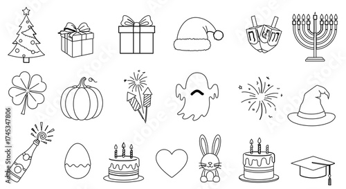 Collection of holiday and celebration icons, perfect for festive designs and greetings
