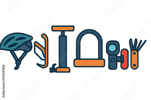 Collection of essential bicycle safety and maintenance equipment including helmet pump and lock
