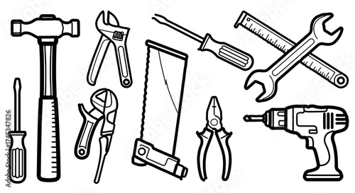 Set of various hand tools, including hammer, wrench, screwdriver, and drill