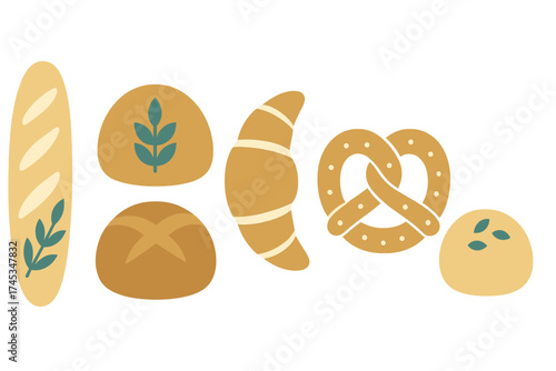 Stylized set of essential bakery items: baguette, croissant, pretzel, and rustic bread loaves