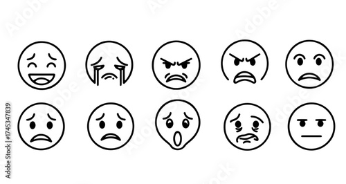 Set of emoji expressions, conveying various emotions and feelings in a simple style