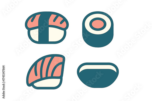 Stylized Japanese cuisine icons set featuring sushi, nigiri, maki roll, and serving bowl