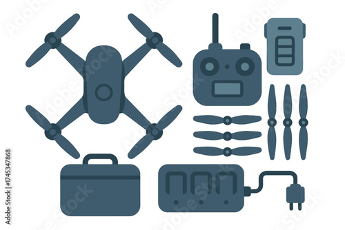 Modern drone equipment set including quadcopter, remote control, battery, and spare propellers