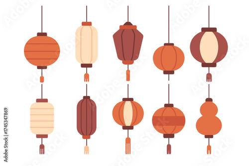 Collection of traditional Asian hanging lanterns in warm earthy colors and various shapes