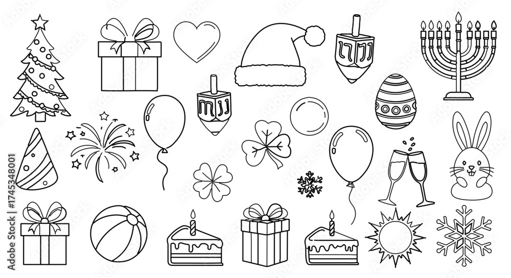 Naklejka premium Holiday doodles featuring christmas, easter, st patricks day, and hanukkah elements