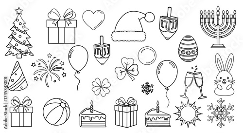 Holiday doodles featuring christmas, easter, st patricks day, and hanukkah elements