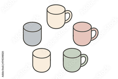 Set of five different colored ceramic cups for hot beverages in isometric view