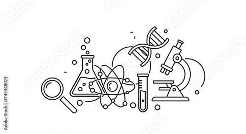 Black and white line art illustration of science equipment and molecules
