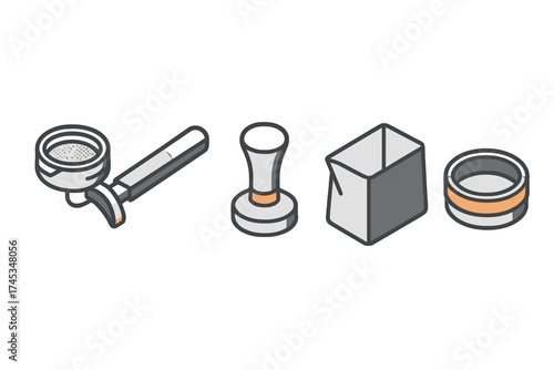 Essential espresso barista equipment set including portafilter, tamper, and knock box